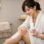 ムダ毛ケアの前にバスルームでジョーモ除毛クリームを手に持ち、片脚の肌をそっと確認している20代女性の横長ポートレート写真 / A wide portrait of a woman in her twenties in a bathroom, holding JOOMO hair removal cream and gently checking the skin on one leg before at-home hair removal care