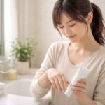 バスルームで足に除毛クリームを少量だけ塗り、タイマーを見ながら肌の様子をチェックしている若い日本人女性の横長ポートレート。安心できる明るい光の中で、自宅ケア前のパッチテスト場面をイメージした写真です。 / A horizontal portrait of a young Japanese woman in a bright bathroom, checking the skin on her calf after applying a small amount of hair removal cream for a patch test, with a calm and gentle atmosphere.