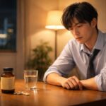 エビオス錠の瓶とコップの水が置かれたテーブルに、少しほっとした表情で座る猫耳の青年ブレイブの横長ポートレート。胃腸の不調や疲れを整えたい気持ちをやさしく代弁する雰囲気のシーン Horizontal semi realistic portrait of Brave, a gentle cat eared young man sitting at a table with a bottle of Ebios tablets and a glass of water, looking a little relieved, softly expressing the mood of wanting to ease digestive discomfort and daily fatigue