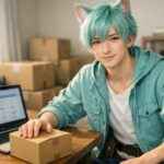 引っ越しの見積もり画面を一緒に確認しながら、ダンボール箱のそばでこちらを安心させるように微笑む猫耳青年ブレイブの写真 / A semi-realistic snapshot of Brave, a gentle cat-eared young man sitting at a wooden table with a laptop and moving boxes, looking at the viewer with a calm, reassuring smile while explaining moving quotes