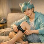 ふくらはぎのむくみや足のだるさをケアするために、猫耳カチューシャをつけた若い男性キャラクターのブレイブがソファに腰かけ、マッサージガンで片脚のふくらはぎを丁寧にほぐしている横長ポートレート。A horizontal semi real portrait of a young man with cat ears using a massage gun on his calf to relieve leg fatigue and swelling after a long day on his feet, suggesting easy home self care for tired legs.
