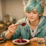 ビーツをフォークで食べながら優しく笑う猫耳の青年ブレイブが、木のダイニングテーブルでビーツサラダとビーツジュースを前に、血管と血流をいたわるヘルシーな朝食を楽しんでいる様子 / Young male catfolk Brave smiles gently at a wooden kitchen table, eating sliced beets with a glass of beet juice in a bright morning scene that suggests caring for blood vessels and healthy circulation