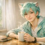 朝のやわらかな光のそばで、若い猫獣人のブレイブが木のテーブルに肘をあずけ、マグカップをそっと手にしてこちらを見つめる、疲労回復の記事用の静かな横長ポートレート。A calm cat humanoid youth sits at a wooden table by a bright window with a warm mug in his hands, gently inviting the viewer to take a small restorative break.