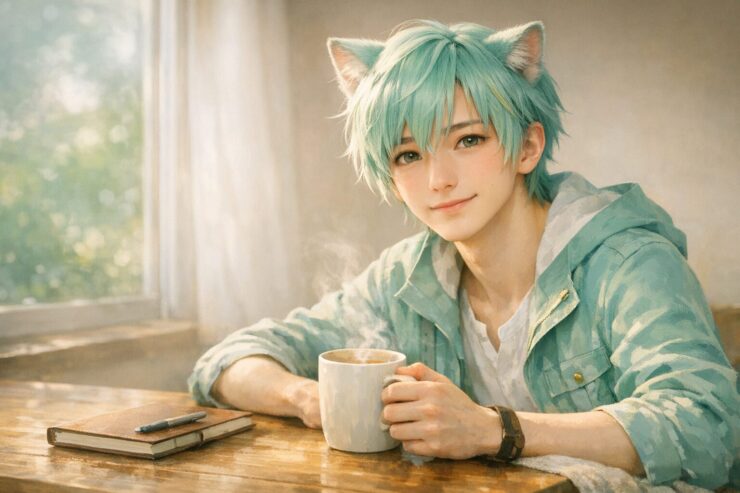 朝のやわらかな光のそばで、若い猫獣人のブレイブが木のテーブルに肘をあずけ、マグカップをそっと手にしてこちらを見つめる、疲労回復の記事用の静かな横長ポートレート。A calm cat humanoid youth sits at a wooden table by a bright window with a warm mug in his hands, gently inviting the viewer to take a small restorative break.