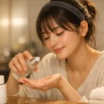 夜の洗面所で前髪をヘアバンドで留めた20代の日本人女性が、やわらかな暖色の明かりのなかで透明な美容液を手のひらに出しながら、ほっとした表情で自分のケアに集中している横長ポートレート写真｜A wide horizontal nighttime portrait of a young Japanese woman with her fringe held back by a headband, calmly focusing on pouring clear serum into her palm at the bathroom counter under warm soft lighting, surrounded by neatly arranged skincare bottles and a fluffy towel.