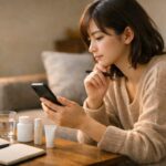 ベージュのニットを着た20代の日本人女性がリビングのソファに腰掛け、右手のスマホ画面を見つめながら左手にペンを持ち、ローテーブルの上のノートと水の入ったコップ、白いサプリボトルとスキンケアチューブを前に「この先のケアや通うクリニック」を静かに考えている横長ポートレート写真｜A wide horizontal photo of a young Japanese woman in a beige knit sweater sitting on her living room sofa, holding a smartphone in one hand and a pen in the other, thoughtfully looking at the screen while a notebook, glass of water, and plain white supplement and skincare tubes rest on the coffee table in front of her as she reflects on her future care options.