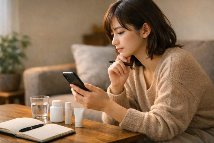 ベージュのニットを着た20代の日本人女性がリビングのソファに腰掛け、右手のスマホ画面を見つめながら左手にペンを持ち、ローテーブルの上のノートと水の入ったコップ、白いサプリボトルとスキンケアチューブを前に「この先のケアや通うクリニック」を静かに考えている横長ポートレート写真｜A wide horizontal photo of a young Japanese woman in a beige knit sweater sitting on her living room sofa, holding a smartphone in one hand and a pen in the other, thoughtfully looking at the screen while a notebook, glass of water, and plain white supplement and skincare tubes rest on the coffee table in front of her as she reflects on her future care options.