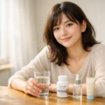 内側ケア・塗るケア・焼かないケアでくすみにくい肌を目指す20代女性が、やわらかな朝の光のなかで自分の頬にそっと触れている横長ポートレート写真｜A young Japanese woman in her 20s gently touching her cheek in soft morning light, symbolizing inner care, topical skincare, and sun protection for a less dull complexion in a wide horizontal portrait.