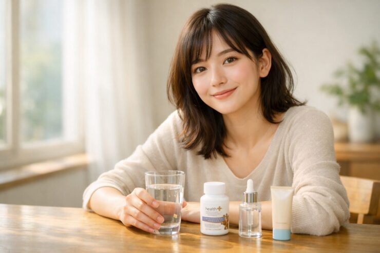 内側ケア・塗るケア・焼かないケアでくすみにくい肌を目指す20代女性が、やわらかな朝の光のなかで自分の頬にそっと触れている横長ポートレート写真｜A young Japanese woman in her 20s gently touching her cheek in soft morning light, symbolizing inner care, topical skincare, and sun protection for a less dull complexion in a wide horizontal portrait.