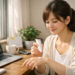 在宅ワークの朝、窓際の木のデスクで20代の日本人女性がノートPCの横に座り、日差しを浴びながら日焼け止めクリームを手の甲に出して穏やかに微笑んでいる横長ポートレート写真｜A wide horizontal photo of a young Japanese woman working from home at a wooden desk by the window, smiling softly as she squeezes sunscreen onto the back of her hand beside her laptop, coffee mug, smartphone and a small potted plant in the morning light.