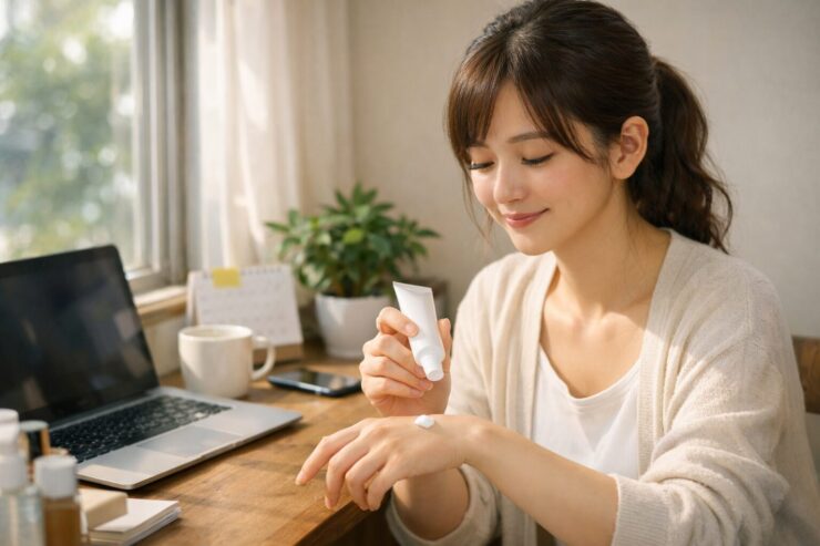 在宅ワークの朝、窓際の木のデスクで20代の日本人女性がノートPCの横に座り、日差しを浴びながら日焼け止めクリームを手の甲に出して穏やかに微笑んでいる横長ポートレート写真｜A wide horizontal photo of a young Japanese woman working from home at a wooden desk by the window, smiling softly as she squeezes sunscreen onto the back of her hand beside her laptop, coffee mug, smartphone and a small potted plant in the morning light.