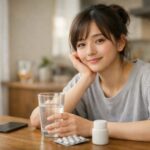飲み会続きの翌朝、ゆるいグレーのTシャツを着た20代の日本人女性がキッチンの木のテーブルに座り、水の入ったグラスとサプリボトルを前に、少し眠たげな表情でほっと微笑んでいる横長ポートレート写真｜A wide horizontal photo of a young Japanese woman in a loose grey T-shirt sitting at a wooden kitchen table the morning after drinking, gently smiling with a slightly tired look while holding a glass of water beside a supplement bottle and blister pack.