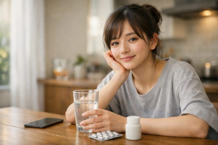 飲み会続きの翌朝、ゆるいグレーのTシャツを着た20代の日本人女性がキッチンの木のテーブルに座り、水の入ったグラスとサプリボトルを前に、少し眠たげな表情でほっと微笑んでいる横長ポートレート写真｜A wide horizontal photo of a young Japanese woman in a loose grey T-shirt sitting at a wooden kitchen table the morning after drinking, gently smiling with a slightly tired look while holding a glass of water beside a supplement bottle and blister pack.