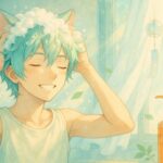 Cat boy with turquoise hair washing his hair in a sunlit summer bathroom, surrounded by bubbles and mint leaves（浅葱色の猫耳少年が夏の光の中で髪を洗っているシーン）