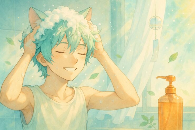 Cat boy with turquoise hair washing his hair in a sunlit summer bathroom, surrounded by bubbles and mint leaves（浅葱色の猫耳少年が夏の光の中で髪を洗っているシーン）