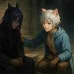 Brave offers timely encouragement to Mero in a dim dungeon hallway, showing trust through gentle timing.