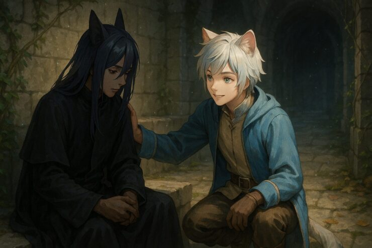 Brave offers timely encouragement to Mero in a dim dungeon hallway, showing trust through gentle timing.