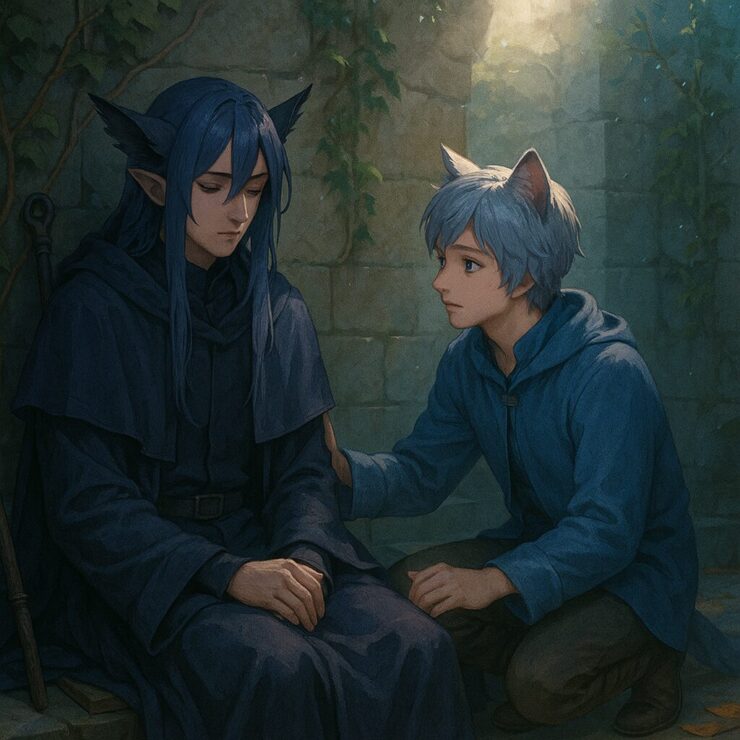 Brave offers timely encouragement to Mero in a dim dungeon hallway, showing trust through gentle timing.