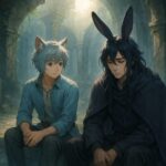 Brave sits calmly beside Maoh, offering quiet support in a sacred dungeon space without words.