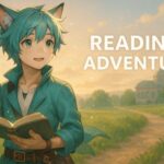 A calm cat-eared humanoid boy with teal hair holding a book on a morning-lit path, ready to begin a thoughtful journey.（猫耳の少年が本を手に持ち、読書という旅の始まりに立っている）