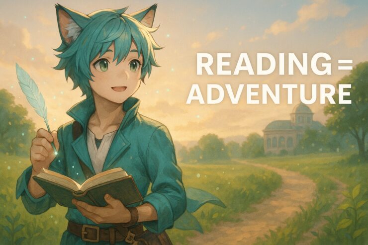 A calm cat-eared humanoid boy with teal hair holding a book on a morning-lit path, ready to begin a thoughtful journey.(猫耳の少年が本を手に持ち、読書という旅の始まりに立っている)