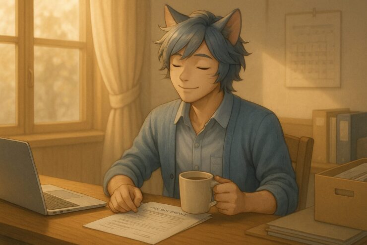Cat beastman softly smiling at finished tax documents, sitting at a warm sunlit desk with a cup of tea, semi-realistic style