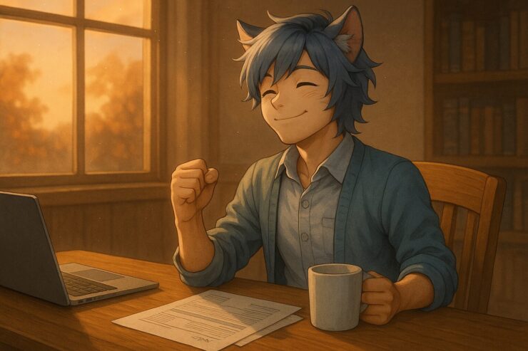Cat beastman smiling in quiet relief after completing tax work at sunset, seated at a cozy desk with papers and a laptop