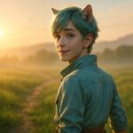 朝日を浴びて草原を旅立つ猫耳の青年ブレイブ｜スキンケア冒険マップのイメージ横長アイキャッチ