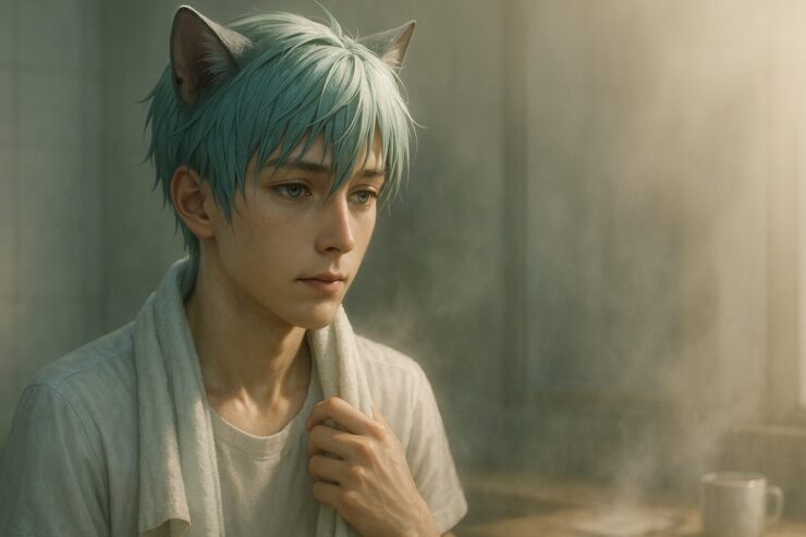 湯上がりに白Tシャツを着たブレイブが湯けむりの中で佇む姿(男性) A young man with turquoise hair and cat ears, wearing a white T-shirt after a bath, standing in soft steam and rim light