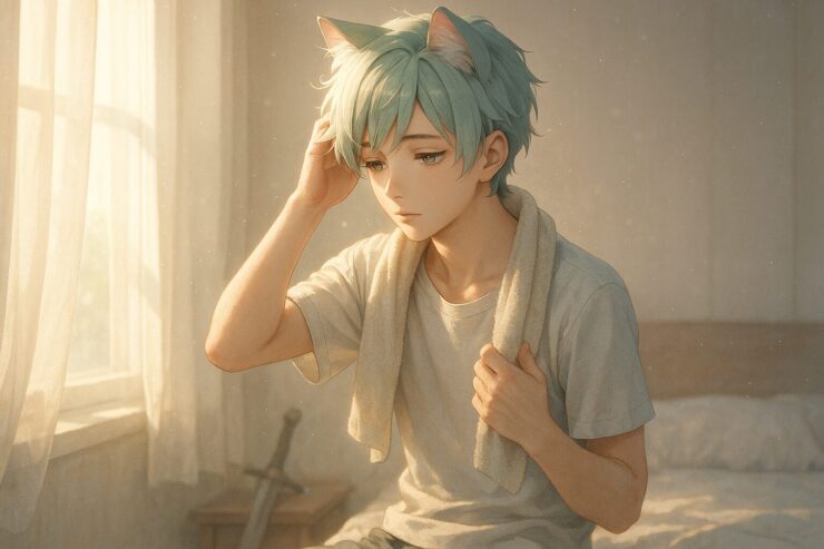 朝の光が差し込む部屋で、目覚めたばかりのブレイブがタオルを肩にかけて静かに座っているシーン(Brave sitting quietly at the edge of his bed, wrapped in morning light with a towel over his shoulder, just waking up)