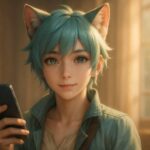 「猫耳の若い男性キャラクター・ブレイブがスマホを手に、柔らかな陽光の中で微笑む横長イラスト」 / "A horizontal semi-realistic illustration of Brave, a young male cat-eared character, holding a smartphone and smiling gently in soft sunlight"