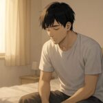 朝の柔らかな光の中でベッドに座り込み、静かに気持ちを落ち着けている青年を描いたイラスト。賢者タイムの空虚感や心理的揺らぎを、落ち着いた表情とミニマルな室内で象徴的に表現している。 An illustration of a young man sitting on his bed in soft morning light, quietly reflecting. The calm atmosphere visually expresses the emotional emptiness and mental shift often associated with post-ejaculation clarity.