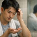 鏡の前で髪を触りながら抜け毛に不安を抱きつつも育毛剤デビューを考えている30代男性の横長ポートレート, a horizontal portrait of a man in his early thirties gently checking his thinning hair in the bathroom mirror, with a hair growth tonic bottle softly blurred beside the sink and a quiet but hopeful expression on his face